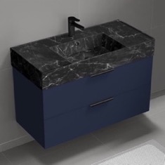 Floating Bathroom Vanity, Modern, Blue, 40 inch, Black Marble Style Sink